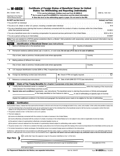 Form W-8BEN form preview